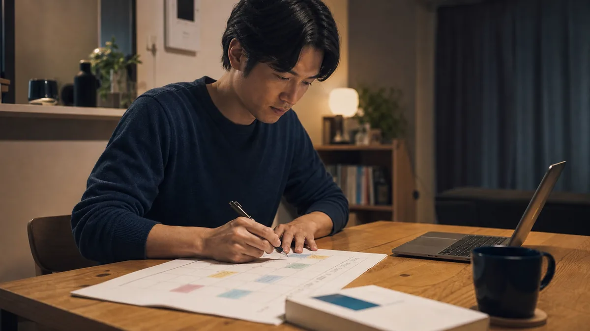 夜の自宅で無理のない学習計画を立てる社会人