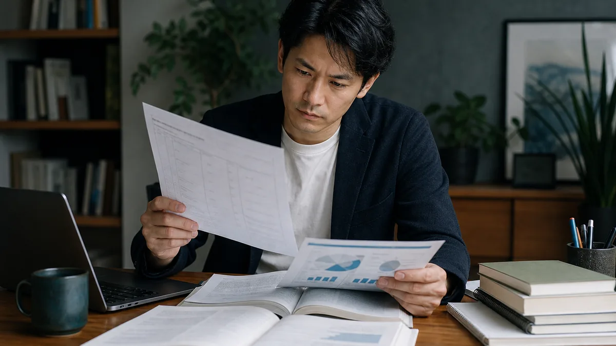仕事に直結しやすい資格をどう見分けるかについて、教材と計画を確認する社会人