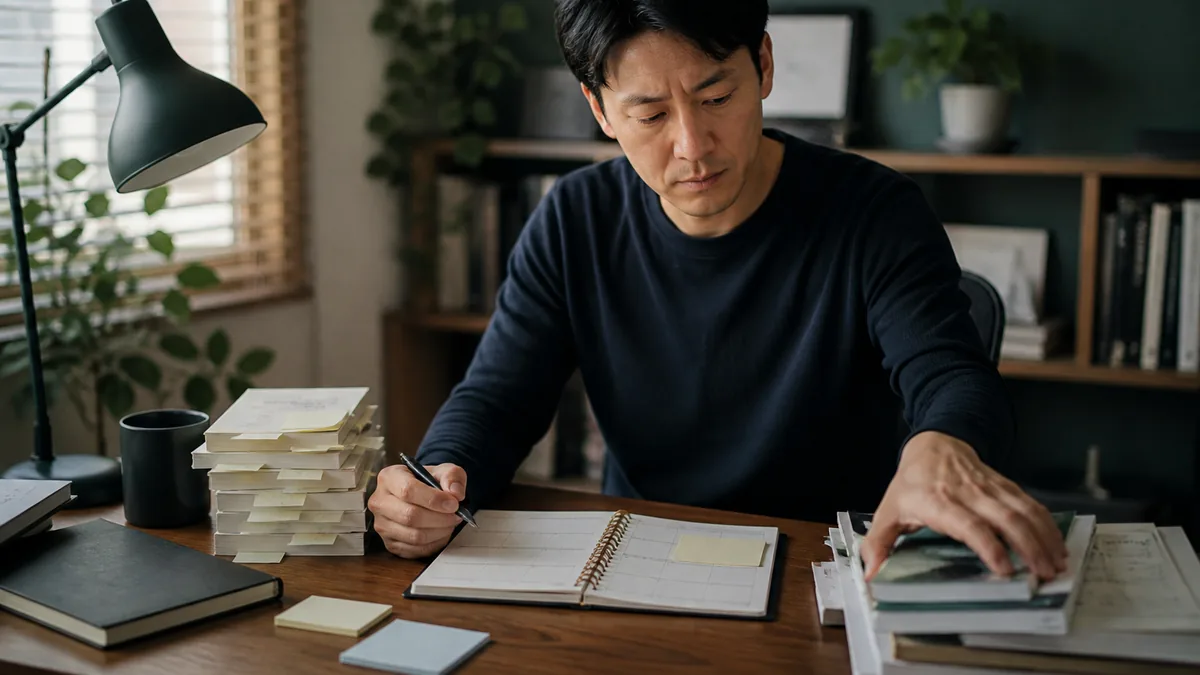 社会人の学習が途中で止まる理由と、続く計画の作り方について、教材と計画を確認する社会人